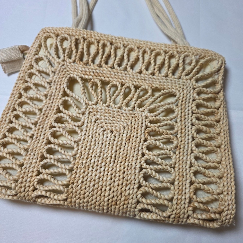 Boho Woven Straw Shoulder Bag Beige Macrame‎ Beach Tote with Wood Beads